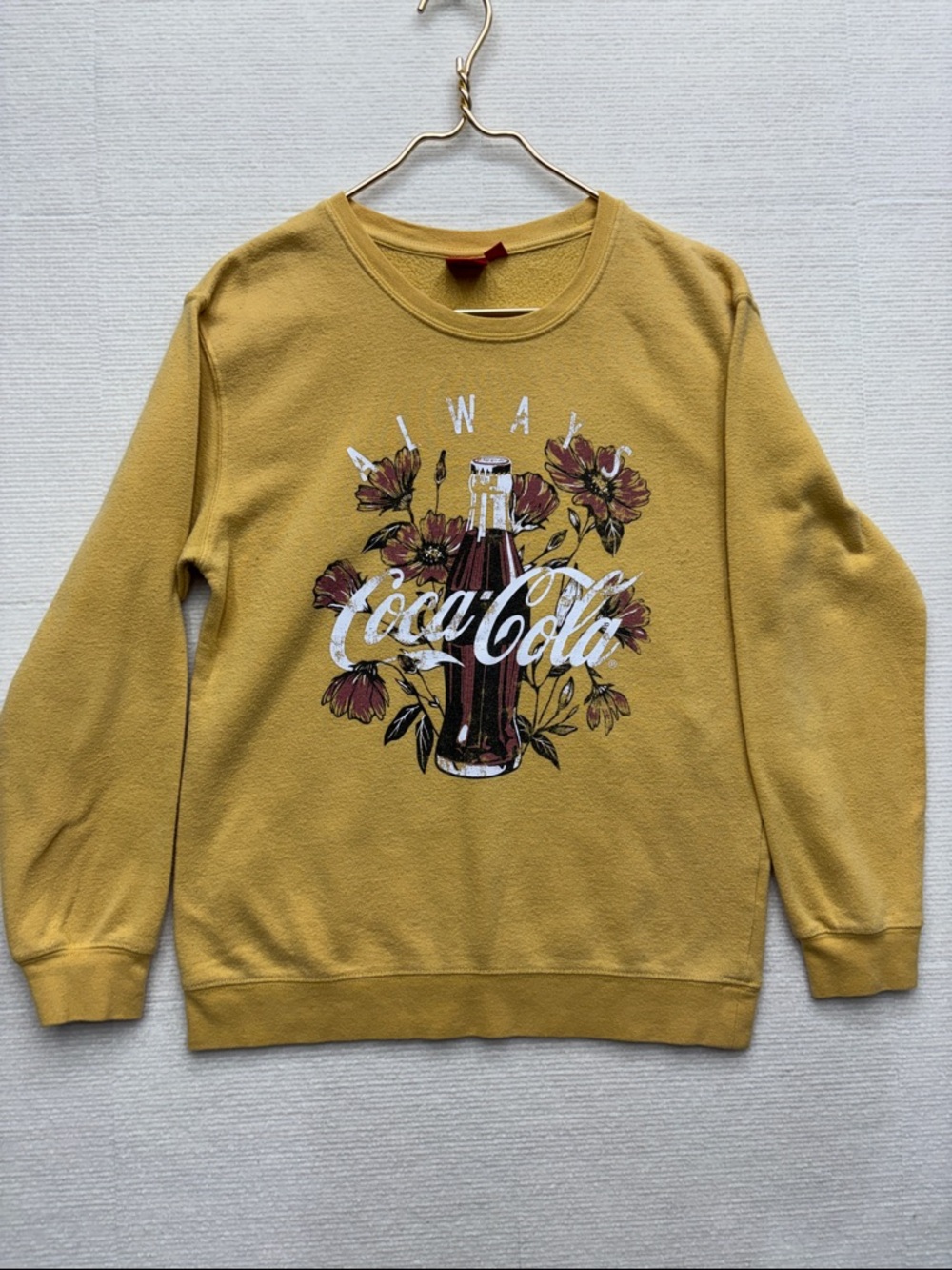 Coca Cola Men's Mustard Yellow Crewneck Sweatshirt with Bottle Graphic